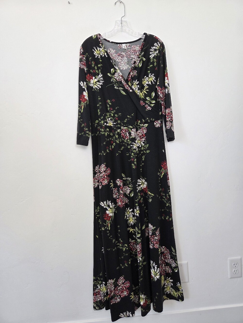Black Floral Maxi Dress Wrap Style Plus Size XXL Formal Modest Church Teacher